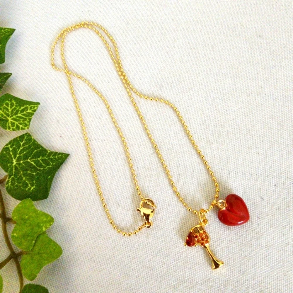 Delicate Gold Charm Necklace Red Stone Heart and Red Wine Glass